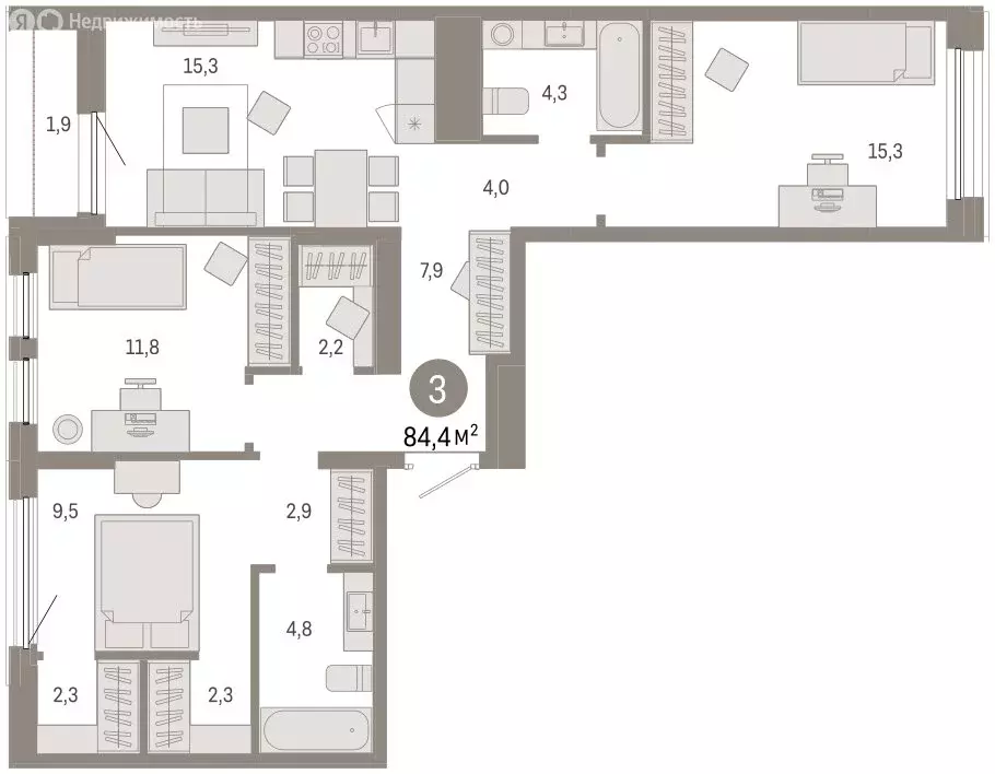3-комнатная квартира: Тюмень, улица Республики, 205к1 (84.7 м) - Фото 2
