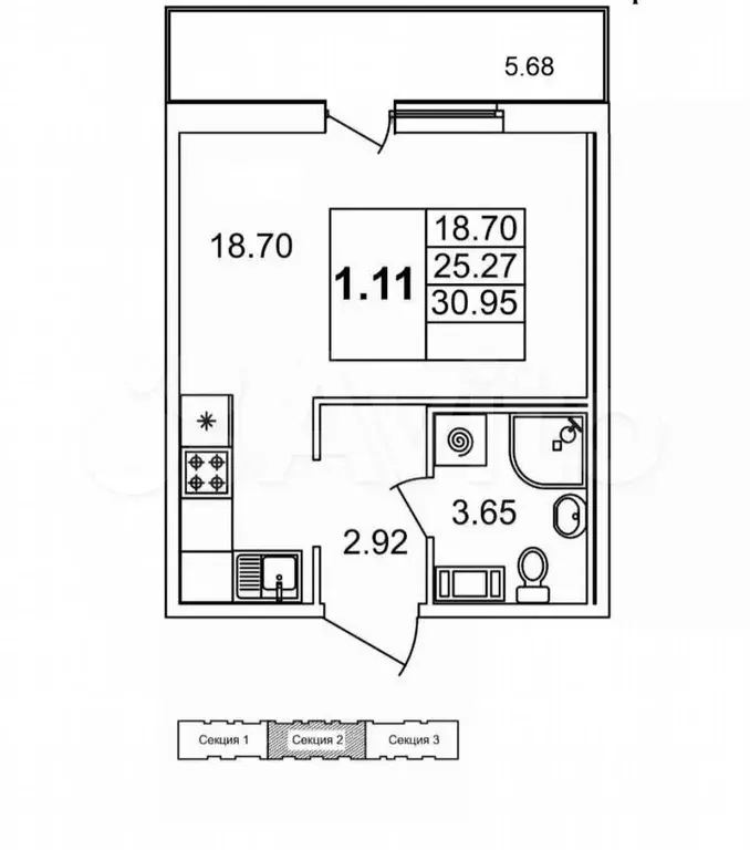 Квартира-студия, 31 м, 7/15 эт. - Фото 0