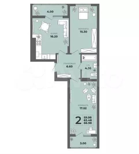 2-к. квартира, 67 м, 3/8 эт. - Фото 1