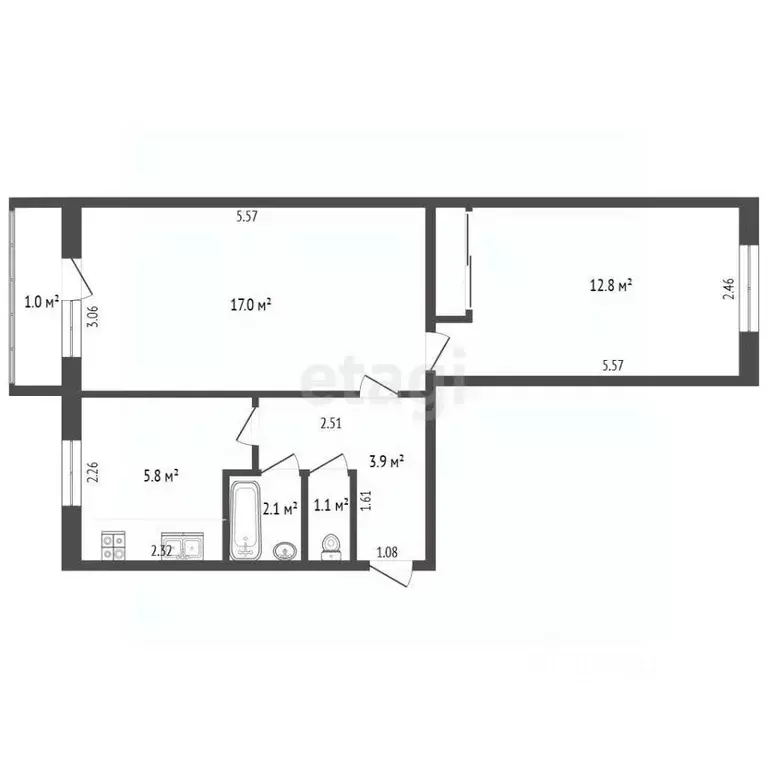 2-к кв. Томская область, Северск Южный проезд, 15 (43.6 м) - Фото 2