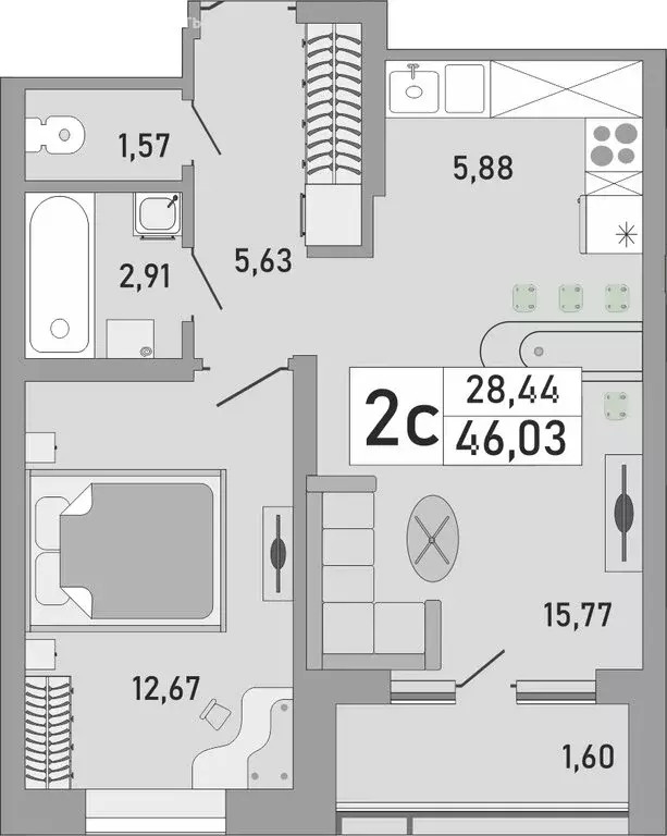 2-комнатная квартира: Уфа, Бакалинская улица, 9/1 (46.03 м) - Фото 1