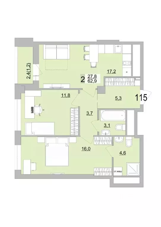 2-к кв. Свердловская область, Екатеринбург ул. Черкасская, 5к3 (62.9 ... - Фото 1