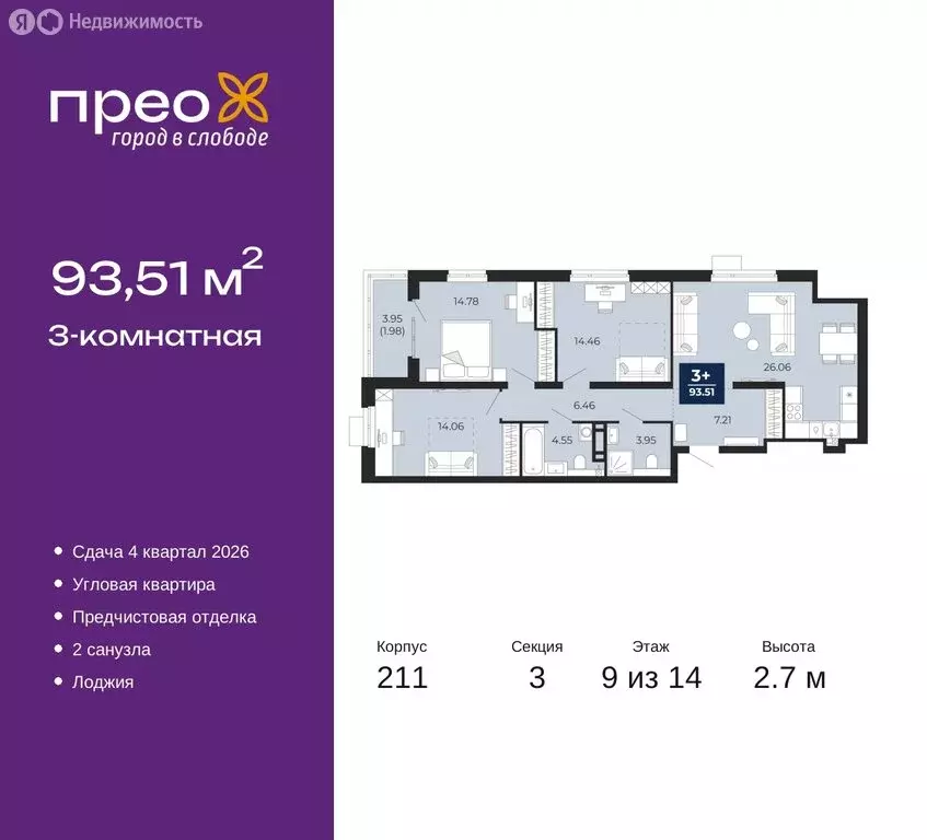 3-комнатная квартира: Тюмень, Арктическая улица, 6 (93.51 м) - Фото 0