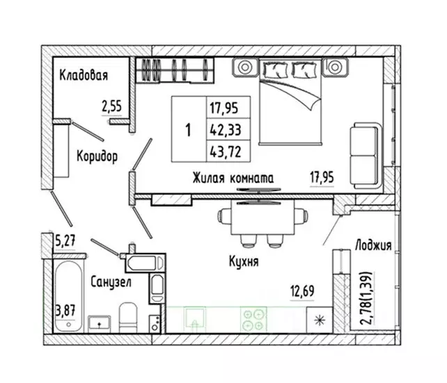 1-к кв. Воронежская область, Воронеж Нижняя ул., 32 (43.72 м) - Фото 1