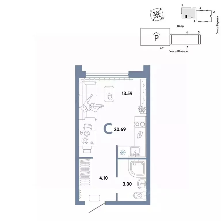 Студия Свердловская область, Екатеринбург ул. Шефская, 22А (20.69 м) - Фото 1