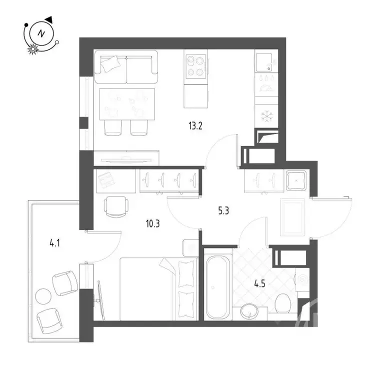 Квартира, 1 комната, 34.5 м - Фото 1