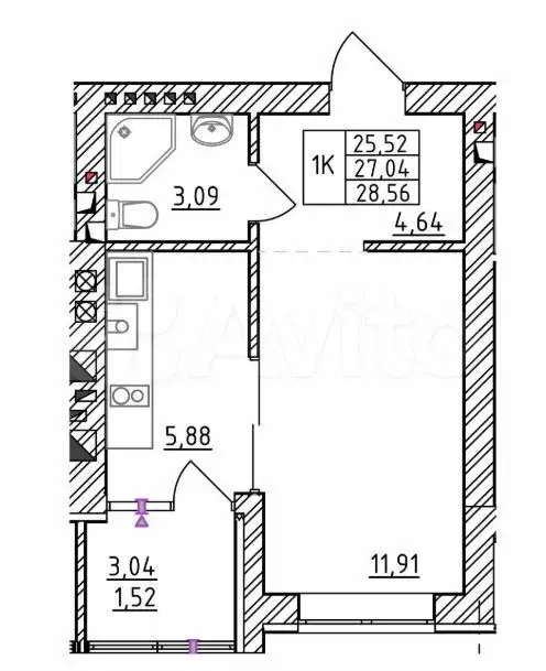 1-к. квартира, 27 м, 5/7 эт. - Фото 1