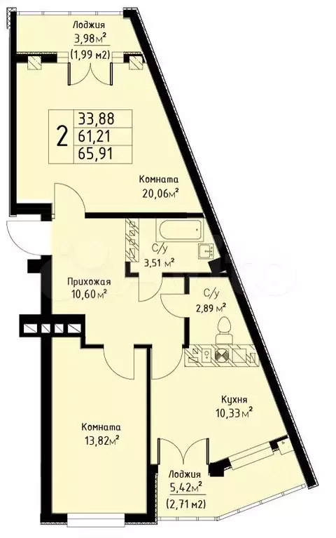 2-к. квартира, 65,9 м, 4/9 эт. - Фото 1