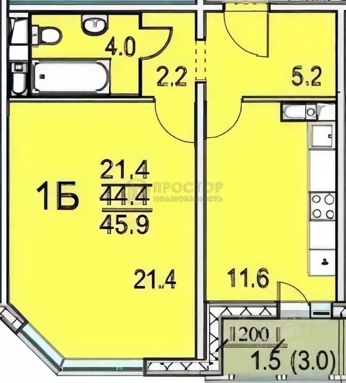 Квартира, 1 комната, 45.9 м - Фото 1