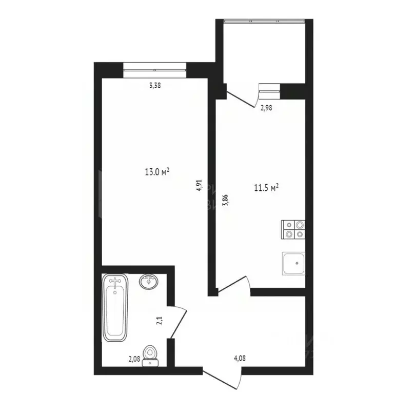 Студия Тюменская область, Тюмень Полевая ул., 105к4 (33.5 м) - Фото 1