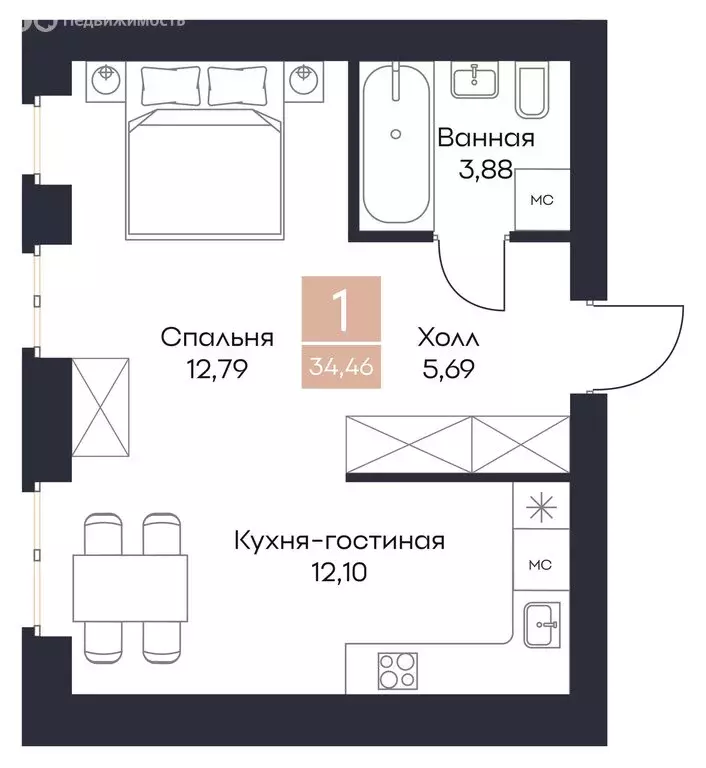 Квартира-студия: Рязанский муниципальный округ, село Поляны (34.46 м) - Фото 1