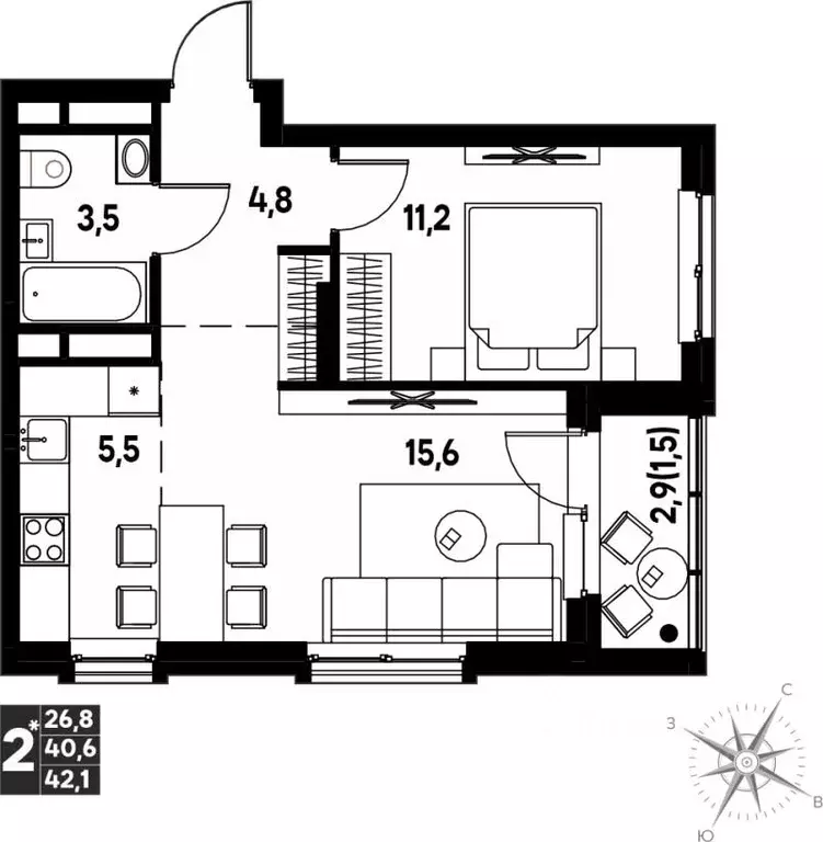 2-к кв. Пермский край, д. Кондратово просп. Дягилева, 3 (42.1 м) - Фото 1