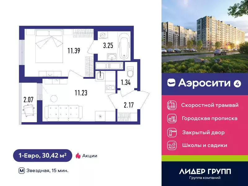 1-комнатная квартира: посёлок Шушары, Старорусский проспект, 3к1 (31.4 ... - Фото 1