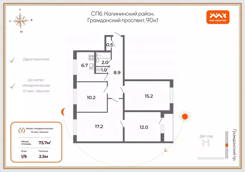 4-к кв. Санкт-Петербург Гражданский просп., 90К1 (73.7 м) - Фото 1