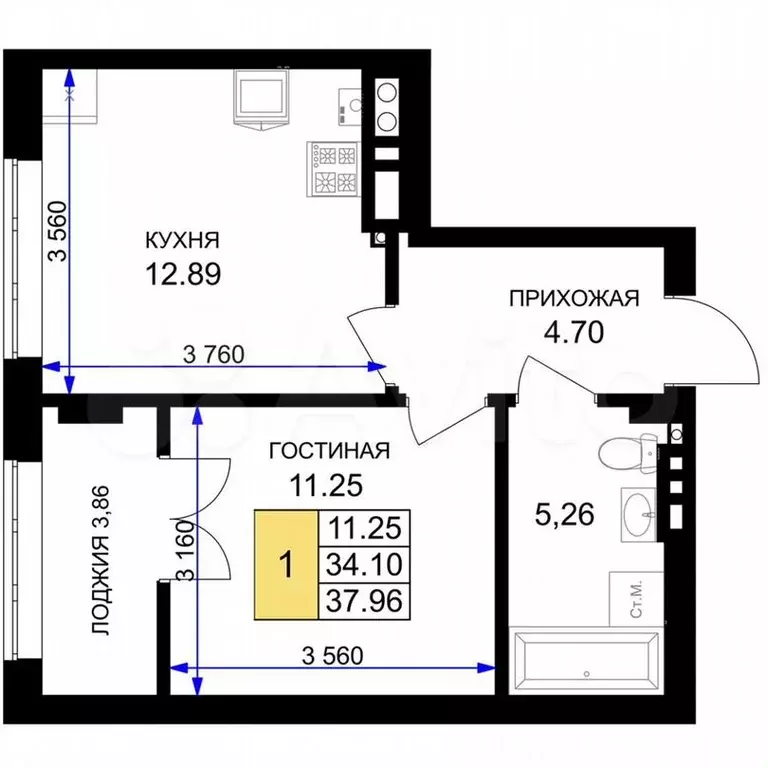 1-к. квартира, 38м, 7/7эт. - Фото 1