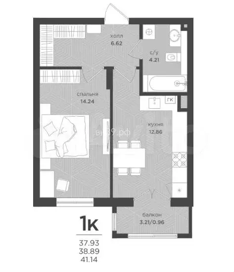 1-к. квартира, 38,9 м, 1/4 эт. - Фото 1