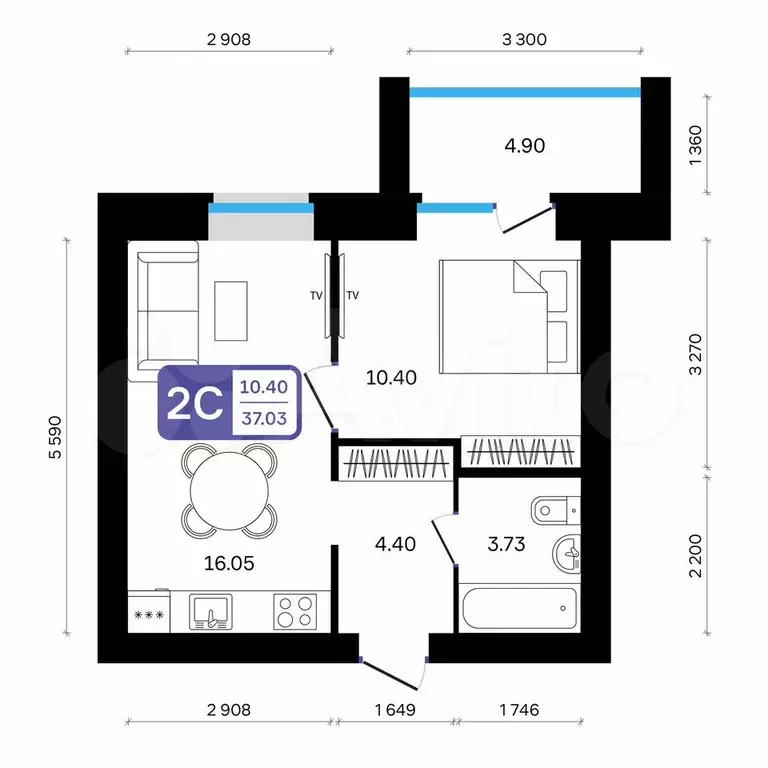 2-к. квартира, 37 м, 4/9 эт. - Фото 0
