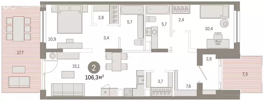 3-комнатная квартира: Тюмень, Краснооктябрьская улица, 4к2 (104.8 м) - Фото 2