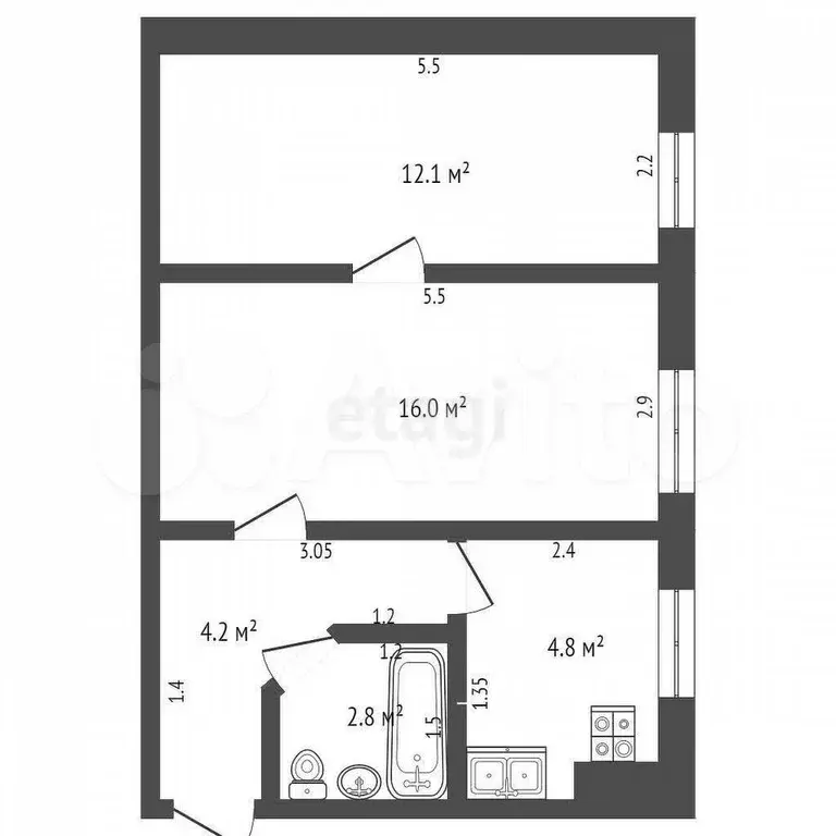 2-к. квартира, 39 м, 1/2 эт. - Фото 0