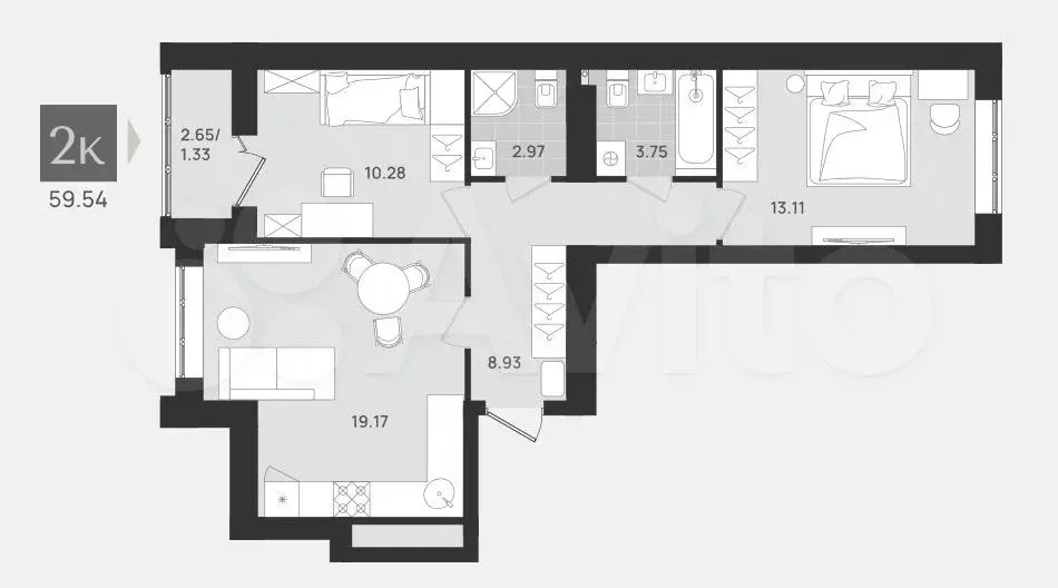 2-к. квартира, 59,6 м, 8/9 эт. - Фото 1