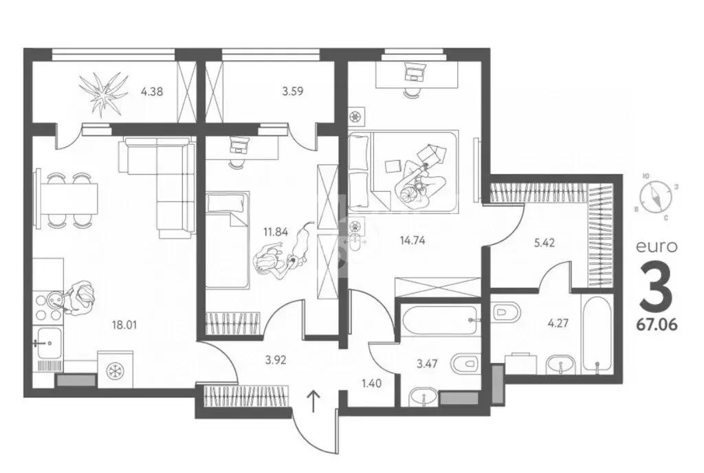 2-комнатная квартира: Липецк (67.06 м) - Фото 1