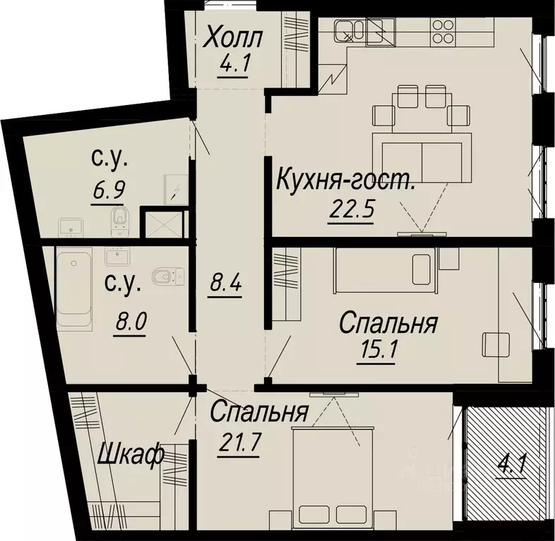 2-к кв. Санкт-Петербург наб. Реки Карповки, 27 (88.7 м) - Фото 0