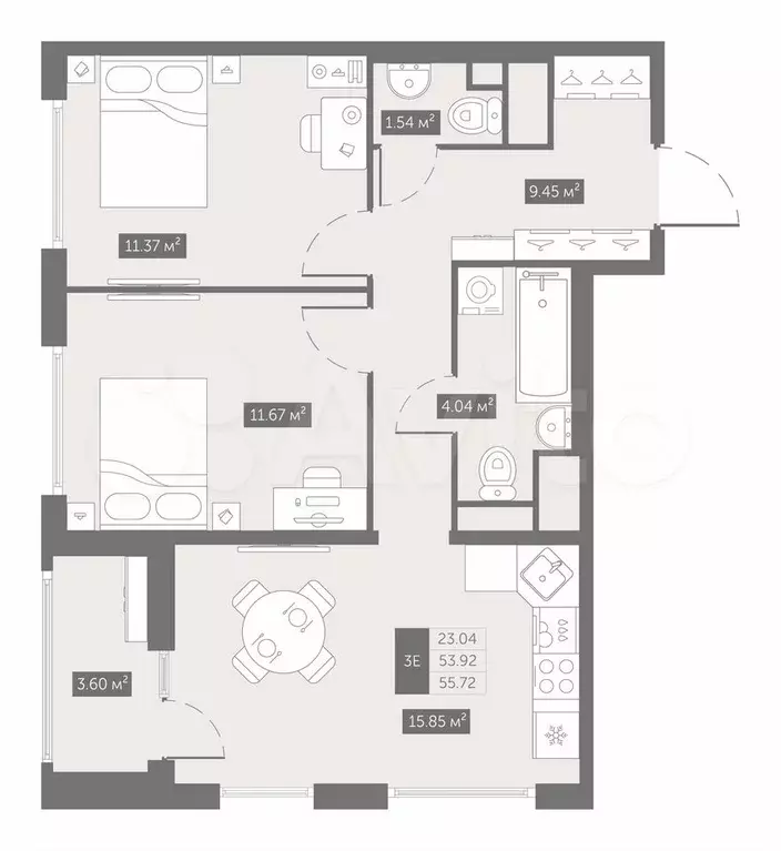 2-к. квартира, 55,7 м, 7/10 эт. - Фото 0