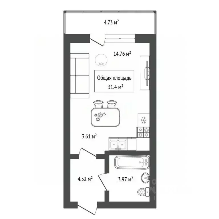 Студия Новосибирская область, Новосибирск Закаменский мкр, 21 (31.4 м) - Фото 2
