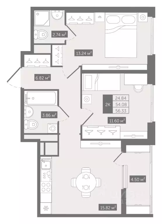 2-к кв. Санкт-Петербург Кирилловская ул., 11 (56.14 м) - Фото 0
