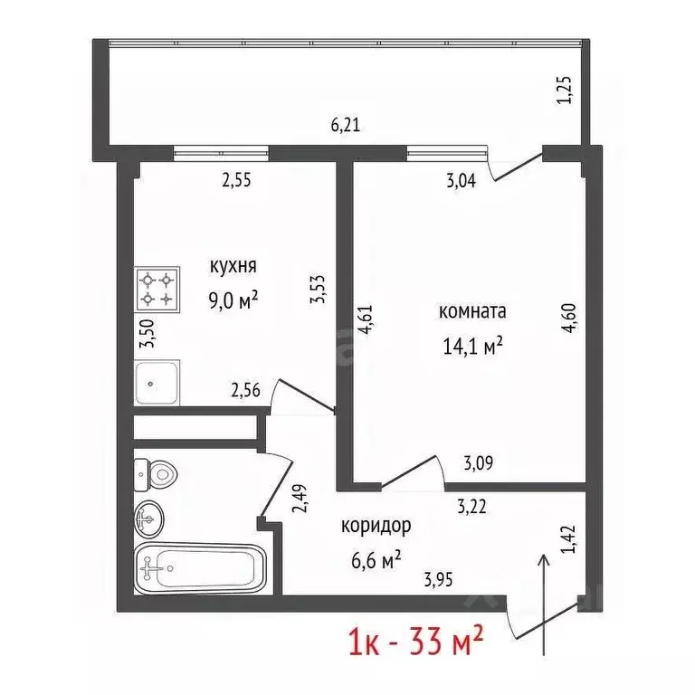 1-к кв. Свердловская область, Екатеринбург ул. Дорожная, 23 (33.0 м) - Фото 2