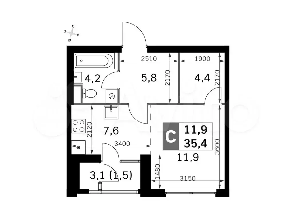 Квартира-студия, 35,4 м, 6/30 эт. - Фото 0