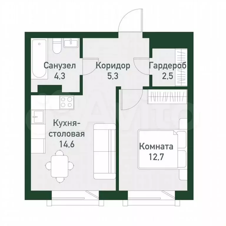 1-к. квартира, 39,1м, 3/7эт. - Фото 1