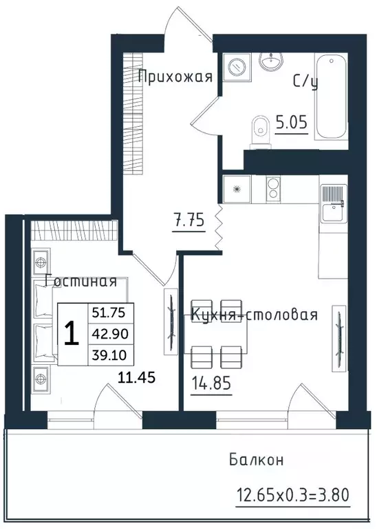 1-к кв. Калининградская область, Янтарный пгт  (51.75 м) - Фото 0