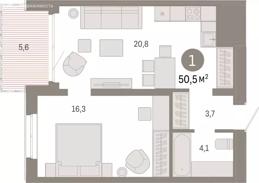 1-комнатная квартира: Екатеринбург, улица Советских Женщин (50.5 м) - Фото 1