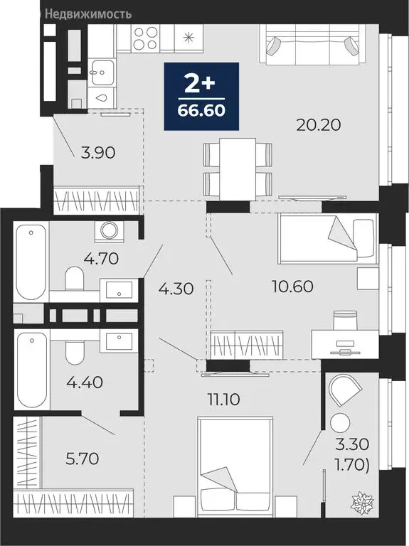 2-комнатная квартира: Тюмень, улица Пожарных и Спасателей, 2 (66.6 м) - Фото 1