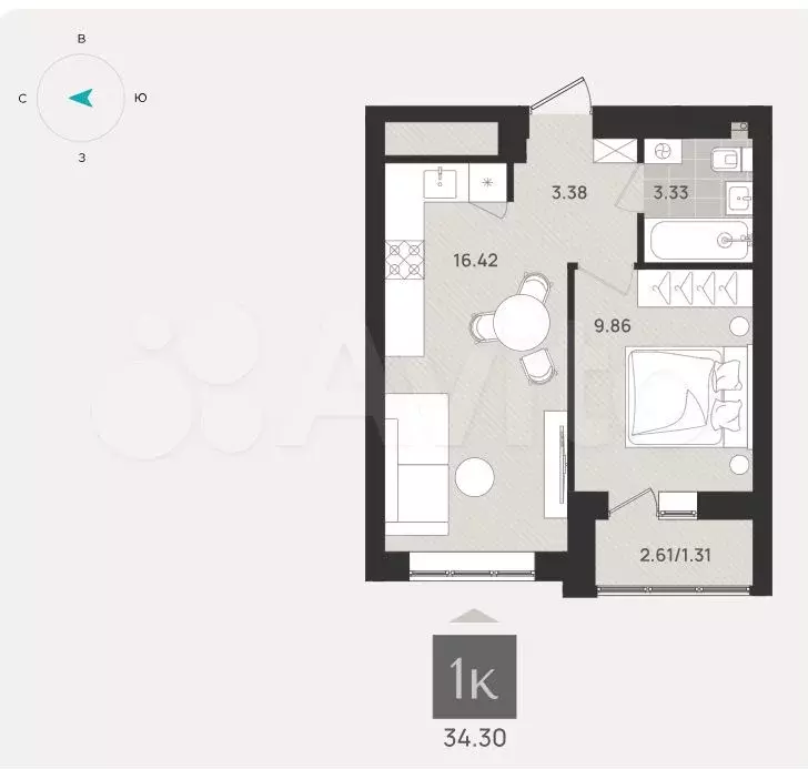 1-к. квартира, 34,3 м, 8/9 эт. - Фото 1