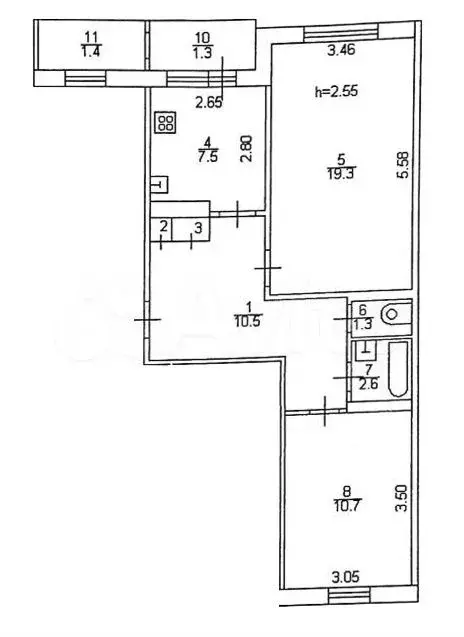 2-к. квартира, 54,6 м, 2/5 эт. - Фото 0
