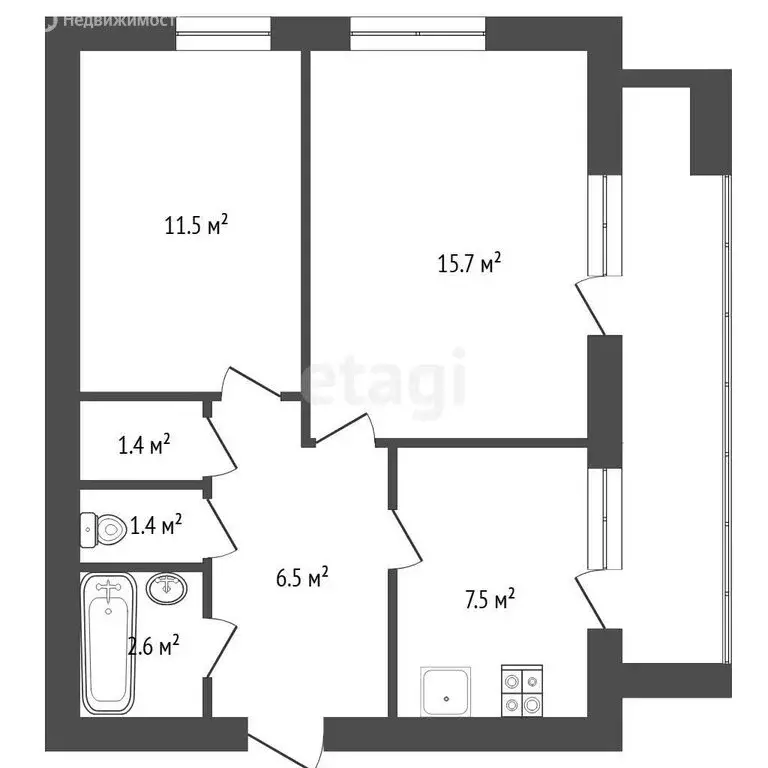 2-комнатная квартира: Тюмень, улица Малыгина, 58А (50 м) - Фото 1