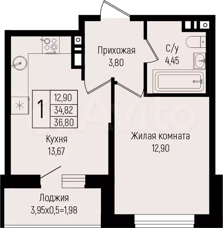 1-к. квартира, 36,8 м, 5/15 эт. - Фото 0