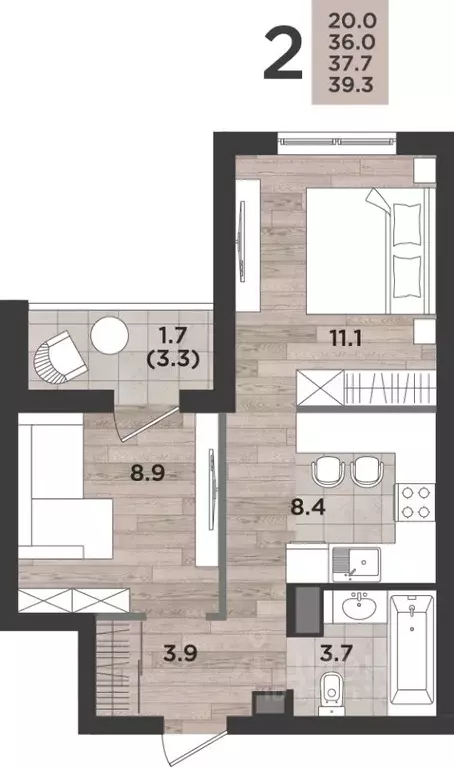 2-к кв. Калининградская область, Калининград ул. Миргородская, 2 (37.7 ... - Фото 1
