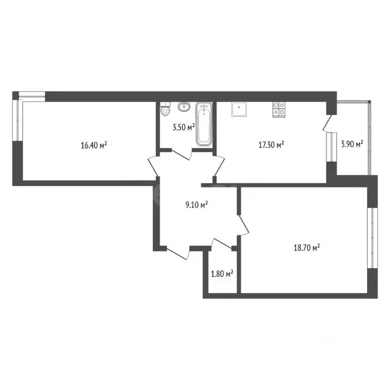 2-к кв. Тюменская область, Тюмень ул. Федюнинского, 30к1 (66.4 м) - Фото 2