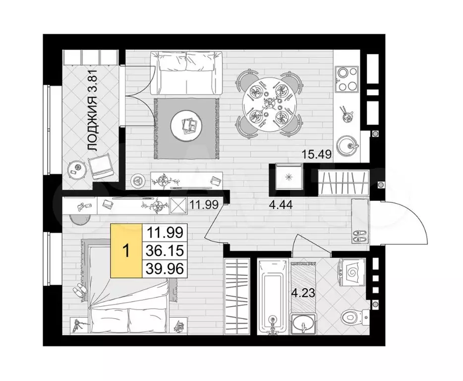 1-к. квартира, 40 м, 2/7 эт. - Фото 1