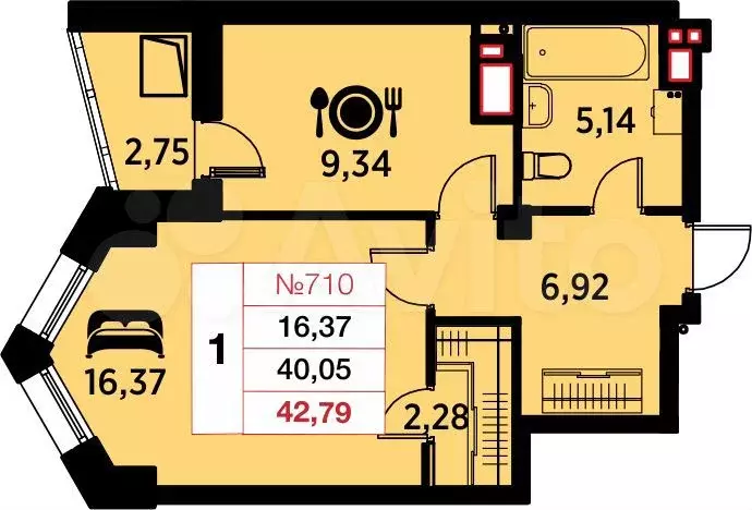 1-к. квартира, 42,8 м, 24/25 эт. - Фото 0