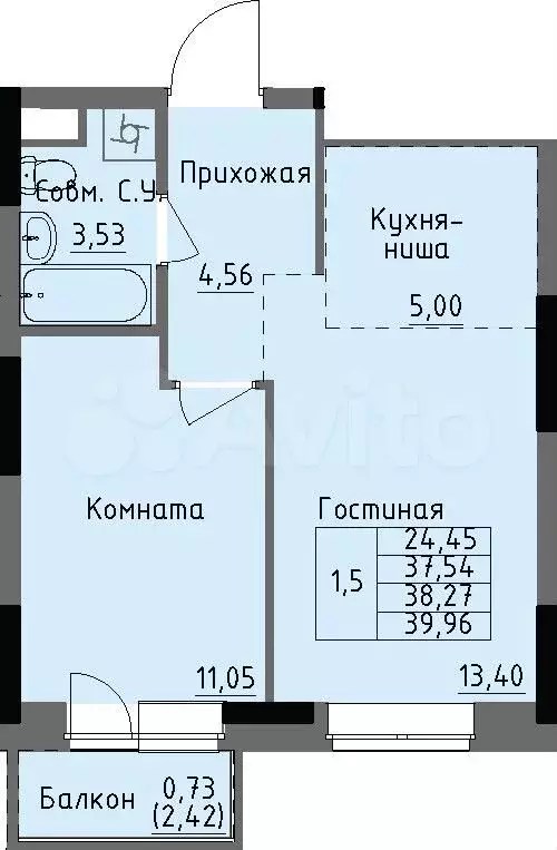 1-к. квартира, 38,3 м, 3/17 эт. - Фото 0