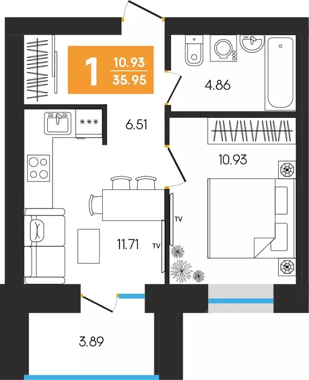 1-к кв. Башкортостан, Октябрьский ул. Островского, 123 (35.95 м) - Фото 1