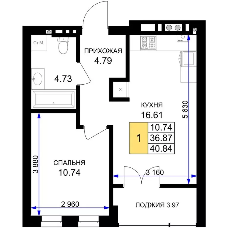 1-комнатная квартира: Гурьевск, жилой комплекс Включи (40.84 м) - Фото 0