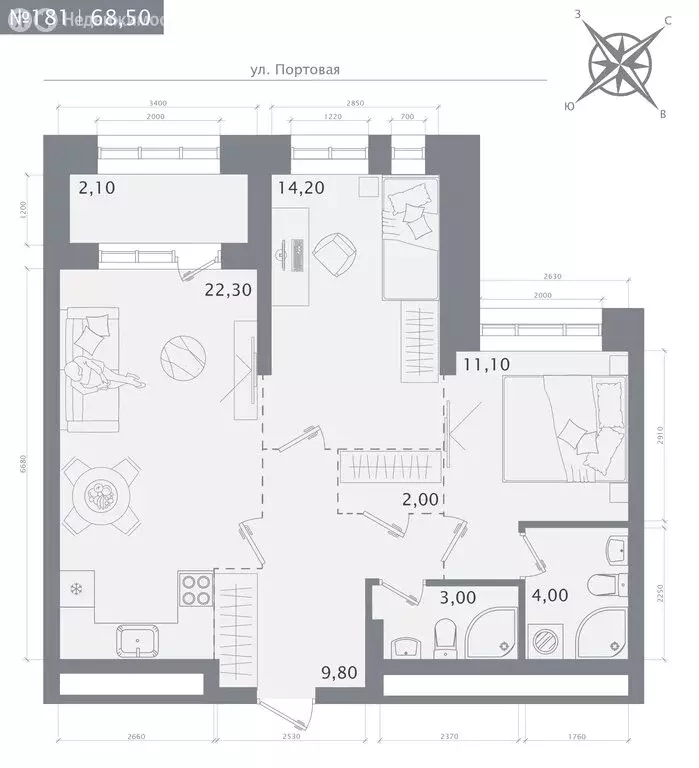 2-комнатная квартира: Казань, ЖК 1712 (68.5 м) - Фото 1
