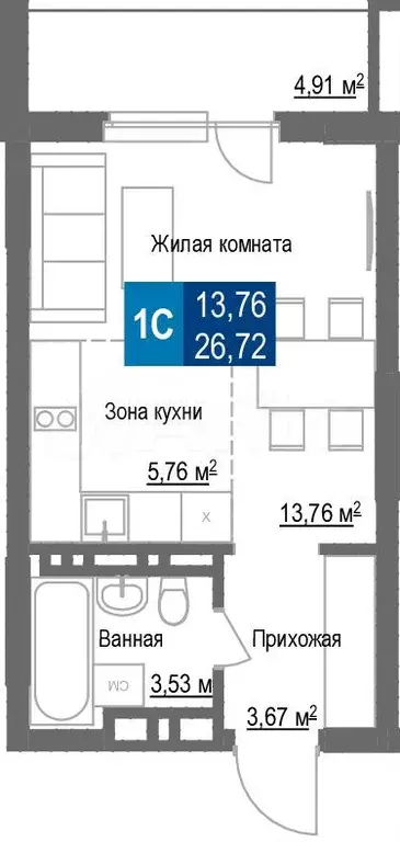 1-к. квартира, 26,7 м, 21/25 эт. - Фото 1