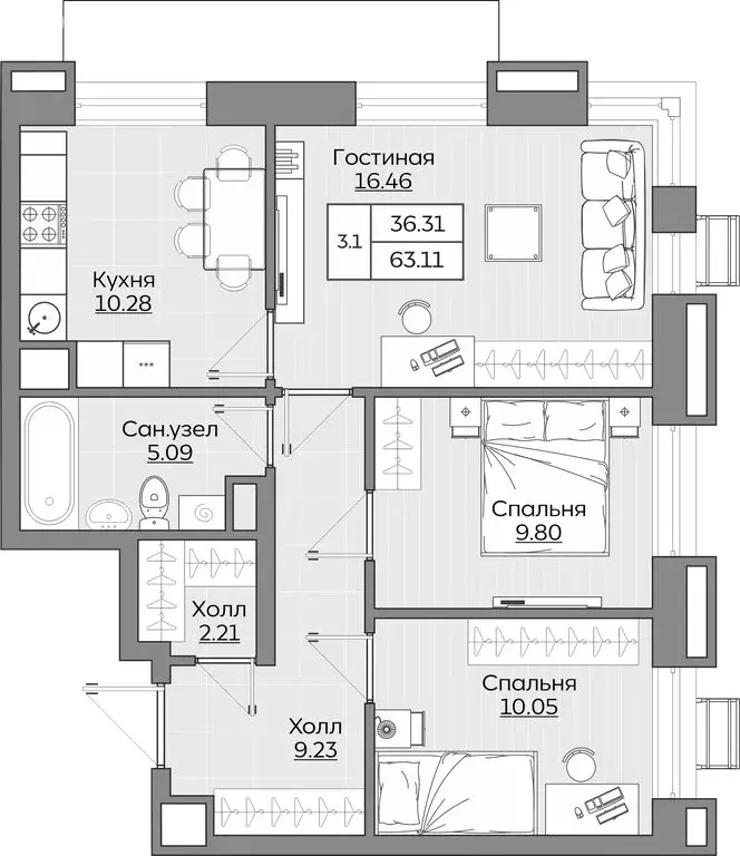 3-комнатная квартира: Казань, ЖК Батталовский (63.12 м) - Фото 1