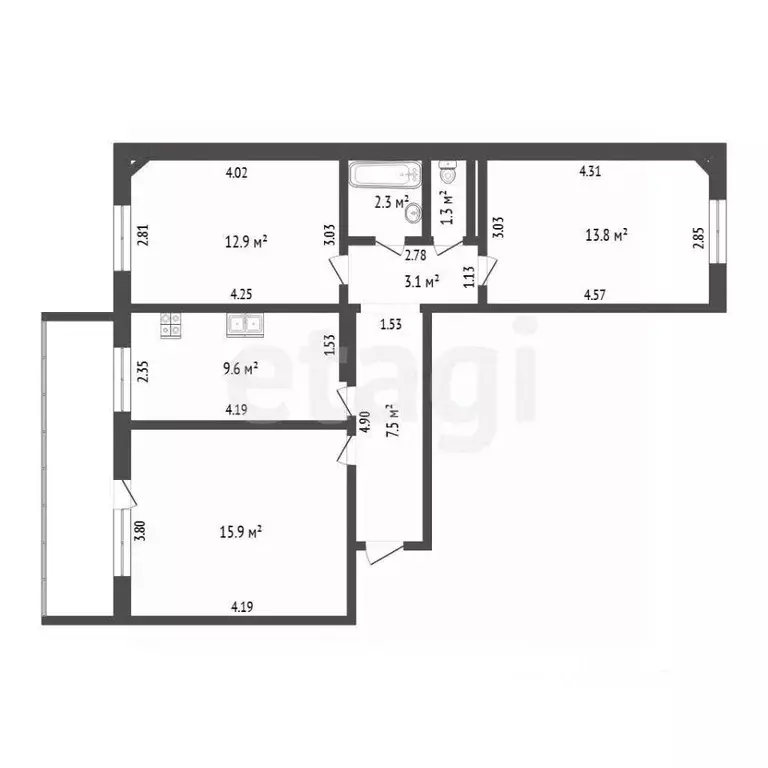 3-к кв. Тюменская область, Тюмень ул. Новоселов, 12к5 (66.4 м) - Фото 2